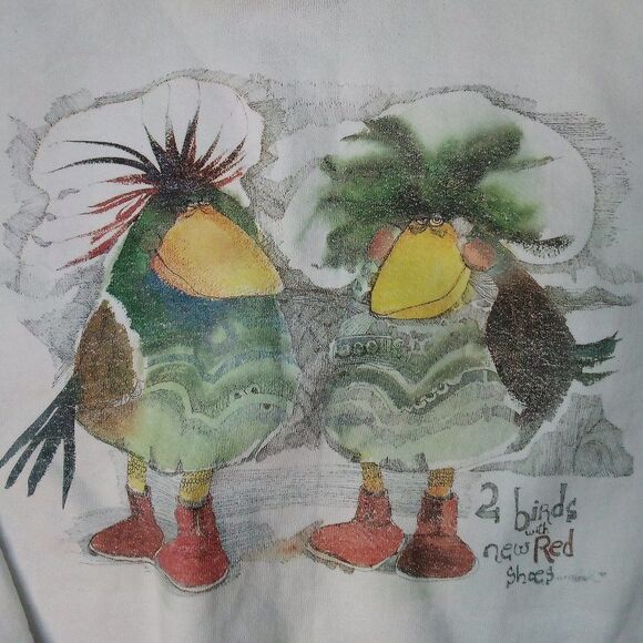 Vintage 2 Birds With New Red Shoes Don Nedobeck Illustration Crewneck Sweatshirt - Picture 1 of 8